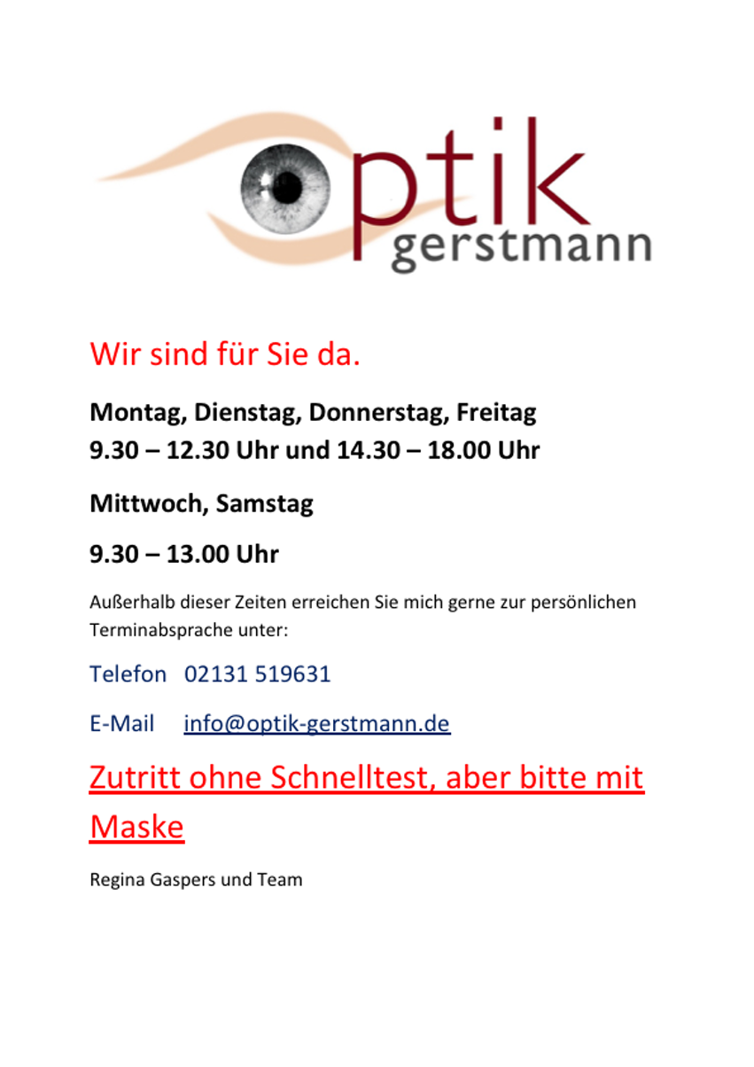 2021 04 Optik Gerstmann Öffnungszeiten Lockdown 2021